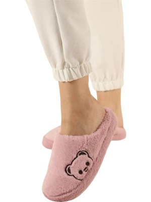 Liger Önü Kapalı Ayıcık Baskılı Peluş Kadın Ev Terliği Pembe