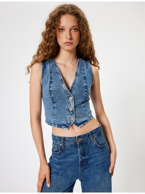 Koton Kot Yelek Taşlı Crop Kolsuz Düğmeli V Yaka