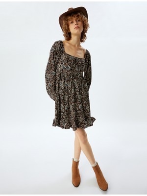 Koton Balon Kol Elbise Mini Etnik Desenli Volanlı Bağcıklı Kare Yaka