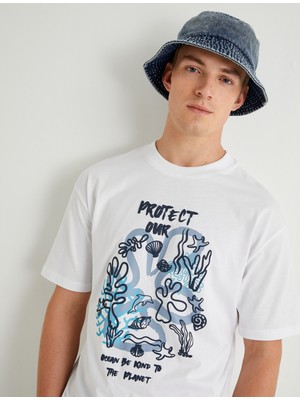 Koton Oversize Tişört Baskılı Kısa Kollu Bisiklet Yaka