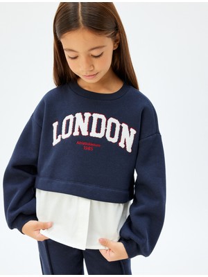 Koton Kız Çocuk London Şehir Baskılı Lacivert Sweatshirt Uzun Kollu Regular Fit Detaylı