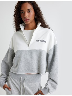 Yarım Fermuarlı Crop Sweatshirt Renk Bloklu Arkası Baskılı Dik Yaka