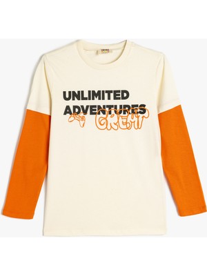 Koton Tişört Slogan Baskı Detaylı Uzun Kollu Bisiklet Yaka Pamuklu