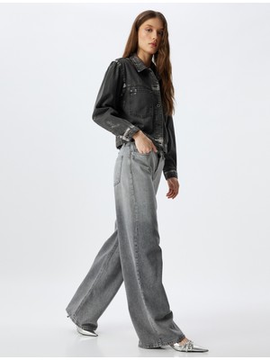 Geniş Paça Kot Pantolon Standart Bel Düğmeli Cepli - Wide Leg Jeans