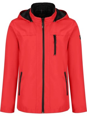 Erkek Kırmızı %100 Su Geçirmez Iç Cepli Çıkartılabilir Kapüşonlu Yazlık Mont