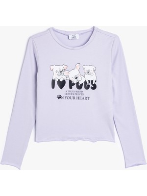 Koton Köpek Baskılı Crop Tişört Uzun Kollu Bisiklet Yaka