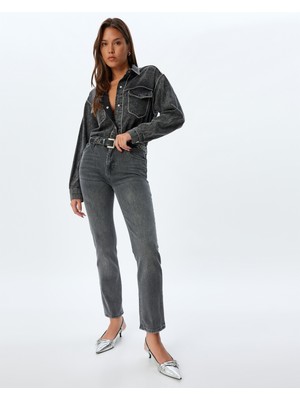 Koton Yüksek Bel Kot Pantolon Slim Fit Düz Paça Düğmeli Pamuklu - Slim Straight Fit Jean