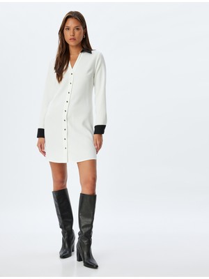 Koton Gömlek Elbise Mini Boy Renk Kontrastlı Uzun Kollu