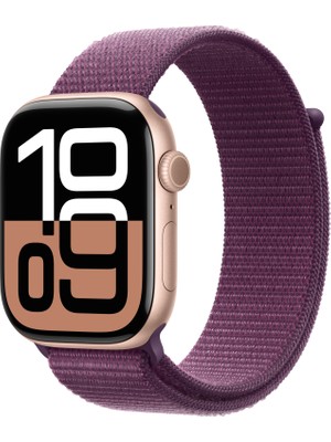 Apple Watch Series 10 GPS + Cellular, 42 mm Roze Altın Rengi Alüminyum Kasa ve Kırmızı Erik Spor Loop