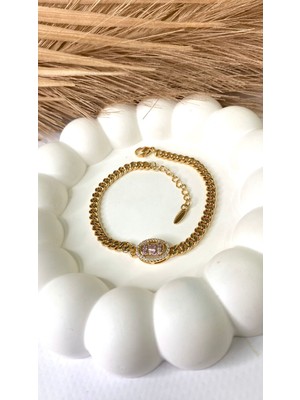Altın / Gold Renk Oval Halka Zirkon Taşlı (Xupıng) Bileklik