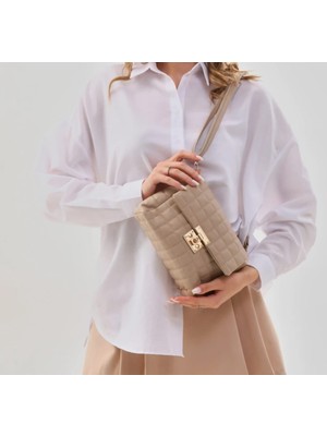 2 Gözlü Astarlı Kapitone Dikişli Vizon Kadın Omuz ve Çapraz Çanta