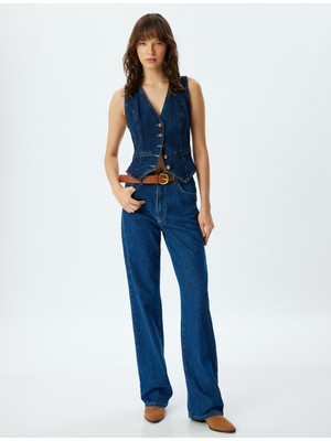 Koton Yüksek Bel Kot Pantolon Düz Paça Düğmeli Pamuklu - Straight Fit Jean