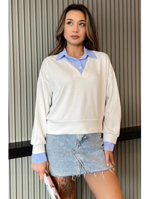 Krem Kadın Gömlek Garnili Sweatshirt P-00012823