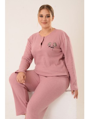 Pınkmark Kadın Pudra Nakış Detaylı Pamuklu Bütük Beden Pijama Takımı PMTK25425