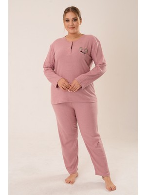 Pınkmark Kadın Pudra Nakış Detaylı Pamuklu Bütük Beden Pijama Takımı PMTK25425