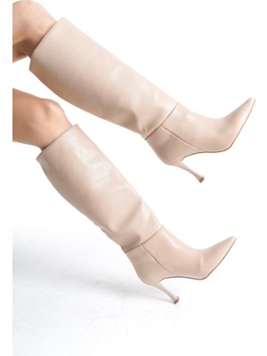 Mubiano MBHRND1717-N Kadın Ince 9 cm Topuklu Sivri Burun Nude Uzun Çizme