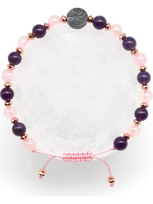 Hayat Ağaçlı Ametist - Pembe Kuvars Doğal Taş Makrome Örme Bileklik Küre Kesim