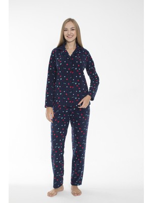 Kadın Kışlık Meyve Desenli Önden Düğmeli Fitilli Polar Pijama Takımı Lacivert