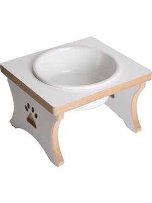 RealWood  Ahşap Kaseli Tekli Büyük Irk Köpek Su Mama Standı - Seramik Beyaz Kase - 1000ml
