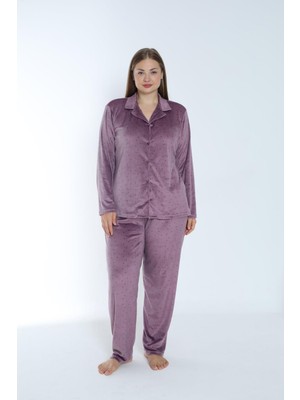 Kadın Kışlık Puantiyeli Önden Düğmeli Kadife Battal Pijama Takımı Lila