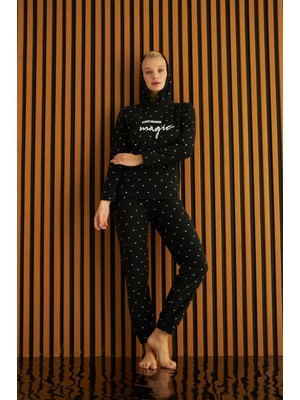 Kadın 3720-12 Fitilli Kapşonlu Polar Pijama Takımı Siyah