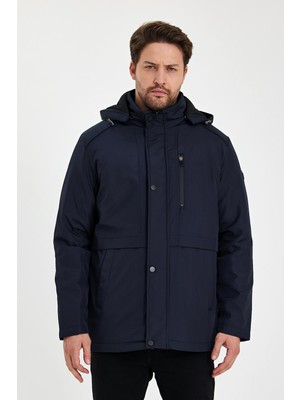 Lacivert Içi Kalın Kürklü Çıkartılabilir Kapüşonlu Rüzgar ve Su Geçirmez Mont&kaban