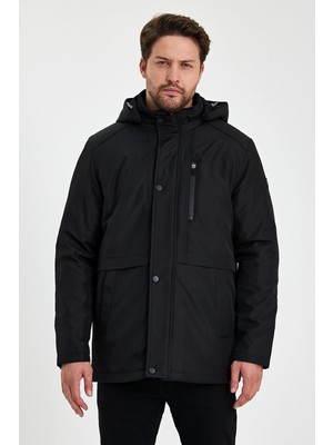 Siyah Içi Kalın Kürklü Çıkartılabilir Kapüşonlu Rüzgar ve Su Geçirmez Mont&kaban