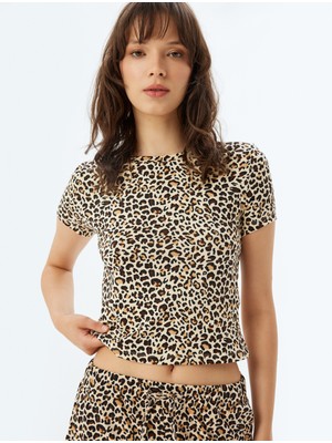 Leoparlı Crop Pijama Üstü Kısa Kollu Bisiklet Yaka