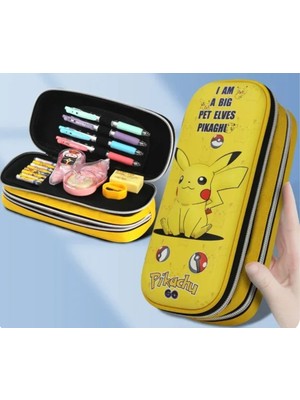 Petityu Pokemon Pikachu Büyük Kapasiteli Çift Fermuarlı 3D Sert Kapaklı Kalem Kutusu
