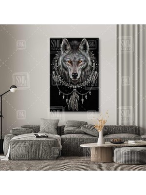 SML Tablo Ormanda Sarı Gözli Kurt Kafası Etnik Aksesuarlı Bozkurt Wolf Head Dikey Kanvas Tablo