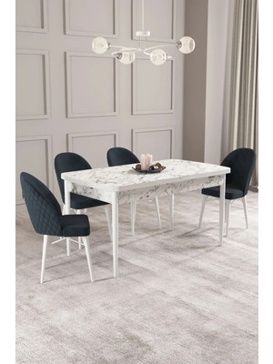 Sar Pakete Milano Serisi, Beyaz Mermer Desen 80 x 132 cm Açılabilir Mdf Mutfak Masası Takımı 4 Adet Sandalye