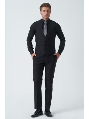 White Stone Siyah Slim Fit Kalıp Yelekli Klasik Esnek Likralı Kapaklı Cepli Takım Elbise