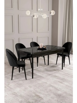 Sar Pakete Milano Serisi Siyah Mermer Desen 80X132 Açılabilir Mdf Mutfak Masası Takımı 4 Adet Sandalye