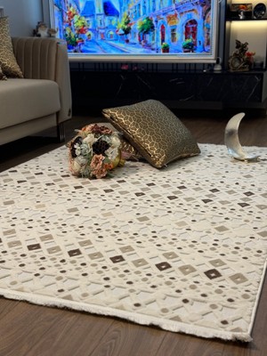 Ecosıa Carpet Iskandinav Halı Krem-Kahve Modern Salon Halısı Koridor Halısı Yolluk Oturma Odası Saçaklı Halı