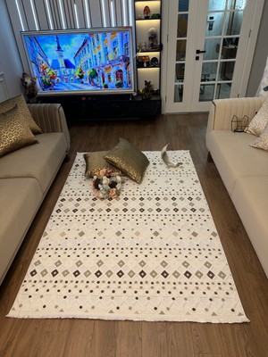 Ecosıa Carpet Iskandinav Halı Krem-Kahve Modern Salon Halısı Koridor Halısı Yolluk Oturma Odası Saçaklı Halı