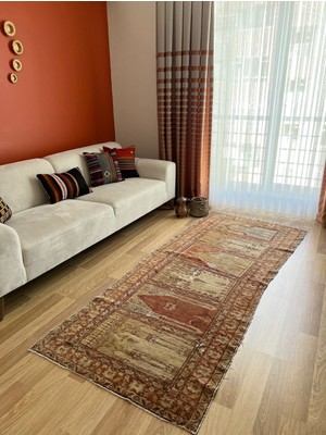 99X254 cm Eşsiz Tasarımlı El Dokuma Antik Yün Kilim 100 Yaş Uşak Kilimi