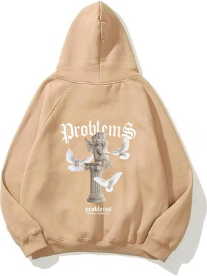 Kapüşonlu Içi Polar Problems Yazılı Heykel Baskılı Bej Unisex Sweatshirt