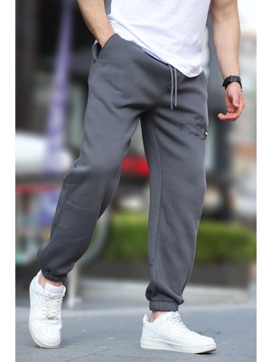 Füme Erkek Paçası Lastikli  Cep Detaylı Baskılı Eşofman Altı 6553