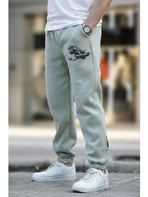 Çağla Yeşili Erkek Paçası Lastikli  Cep Detaylı Baskılı Eşofman Altı 6553