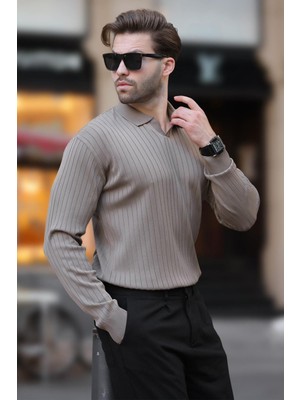 Kahverengi Polo Yaka Çizgili Uzun Kollu Kazak 7239