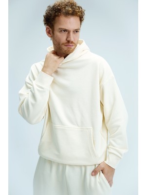 Erkek Timeless Oversize Krem Hoodie Sweatshirt