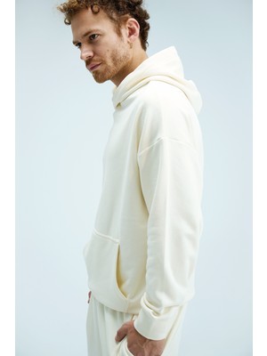 Erkek Timeless Oversize Krem Hoodie Sweatshirt