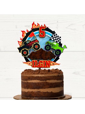 Cake Topper Canavar Kamyon Temalı Erkek Çocuk Doğum Günü Isme Özel 3d Pasta Süsü (21x20cm)