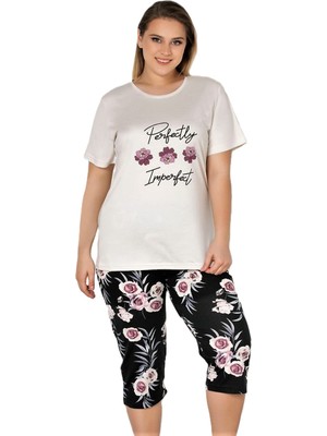 Büyük Beden Yazlık Kısa Kol Kadın Kapri Pijama Takımı Taş