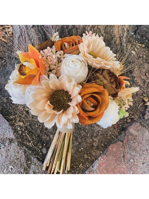 TT Organizasyon Somon Turuncu Kahve Renkli Kuru Arajmanlıgelin Çiçeği Gelin Buketi ve Yaka Çiçeği