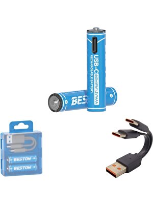 Beston USB Type-C Kablo ile Şarj Edilebilir Lityum 2'li İnce Pil 1.5V Aaa / 666 Mwh - 150MAH