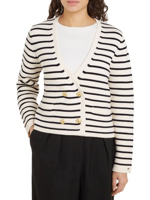 Tommy Hilfiger V Yaka Standart Çizgili Lacivert - Beyaz Kazak Kadın Breton Gold Button Ovrlp Cardı
