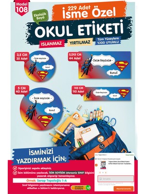 Tuğset Etiket Okul Etiketi Süpermen Temalı Kalem Defter Etiketi T1021 OE108