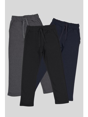 Comeor Siyah-Lacivert Antrasit Kalın Pamuklu Beli Lastikli Yan Cepli 3'lü Erkek Çocuk Eşofman Altı