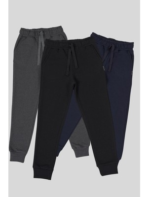 Comeor Siyah-Lacivert-Antrasit Kalın Pamuklu Beli ve Paçası Lastikli Cepli 3'lü Erkek Çocuk Eşofman Altı